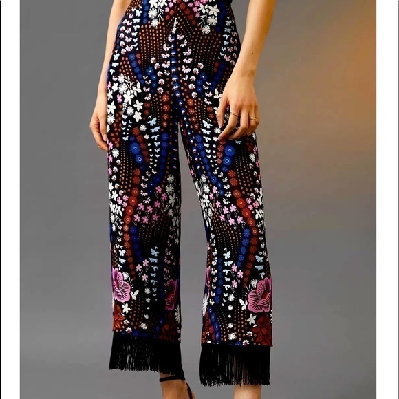 NWT - Anthropologie Maeve Satin Embellished Fringe Hem Pant - Picture 1 of 3